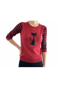 Red Retro Cat Striped Sweater