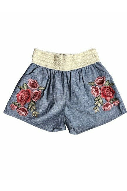 Chambray Floral Embroidered  Shorts